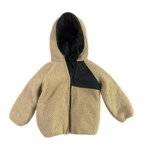 EUC REVERSIBLE Black Hooded Puffer Jacket with Tan Fleece